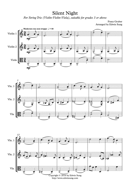 Silent Night String Trio Violin Violin Viola Grades 3 Part Scores Included Sheet Music