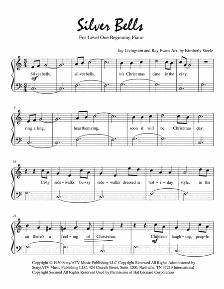 Silver Bells For Beginning Piano Level 1 Sheet Music