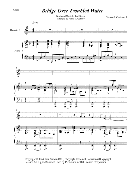 Simon Garfunkel Bridge Over Troubled Water For French Horn Piano Sheet Music