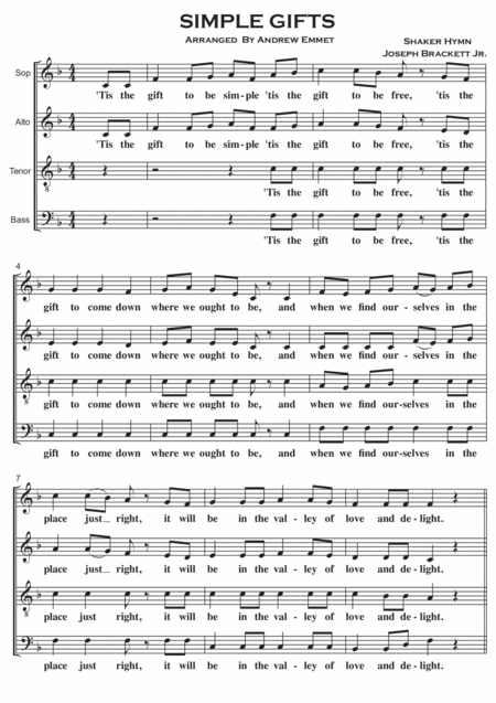 Free Sheet Music Simple Gifts A Cappella