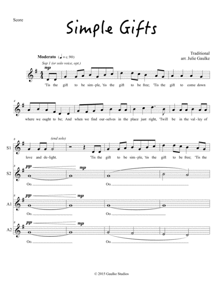 Simple Gifts Shaker Song For Ssaa With Divisis A Cappella Sheet Music