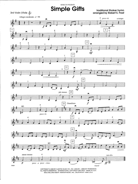 Free Sheet Music Simple Gifts Violin 3 Violat C