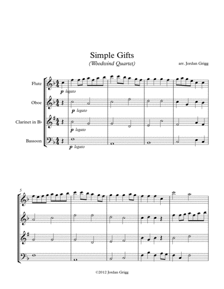 Free Sheet Music Simple Gifts Woodwind Quartet