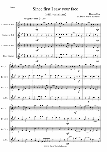 Since First I Saw Your Face With Variations For Clarinet Quartet 3 B Flats And 1 Bass Sheet Music