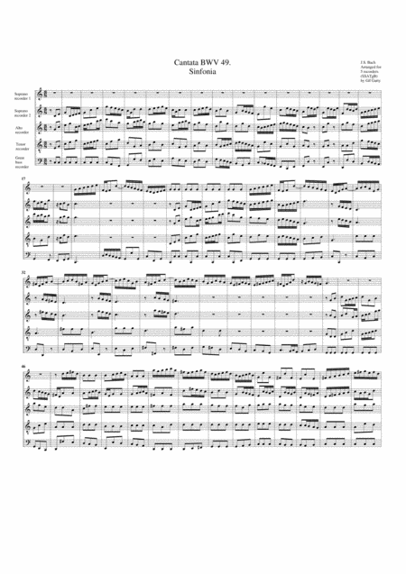 Sinfonia From Cantata Bwv 49 Arrangement For 5 Recorders Sheet Music