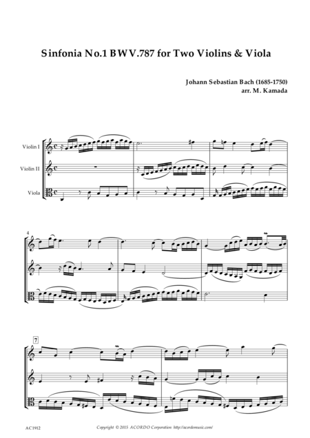 Free Sheet Music Sinfonia No 1 Bwv 787 For Two Violins Viola