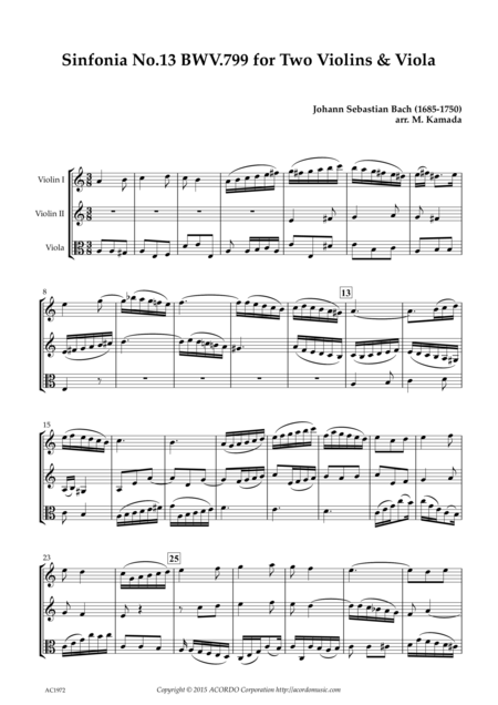 Sinfonia No 13 Bwv 799 For Two Violins Viola Sheet Music