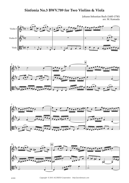 Sinfonia No 3 Bwv 789 For Two Violins Viola Sheet Music