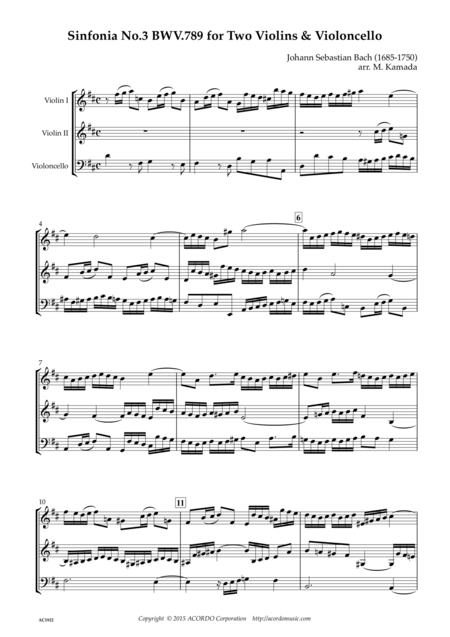 Sinfonia No 3 Bwv 789 For Two Violins Violoncello Sheet Music