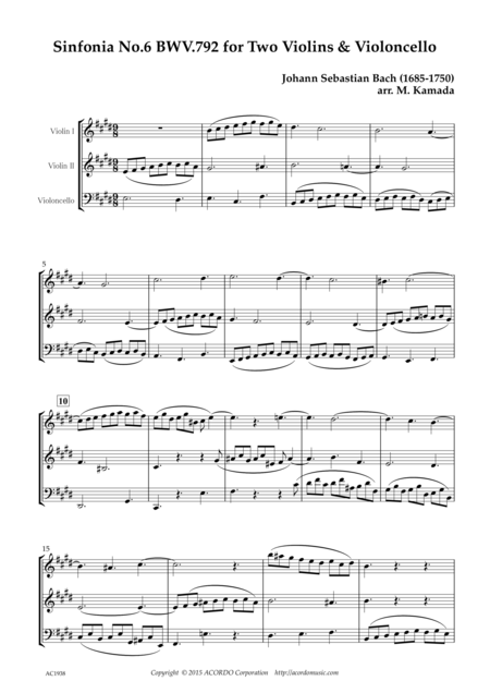 Sinfonia No 6 Bwv 792 For Two Violins Violoncello Sheet Music