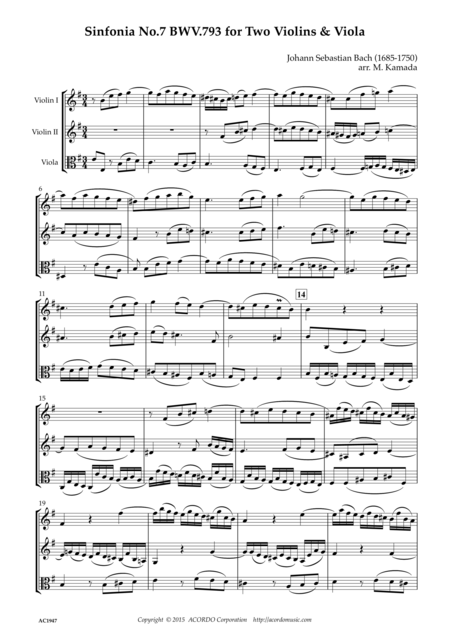 Sinfonia No 7 Bwv 793 For Two Violins Viola Sheet Music