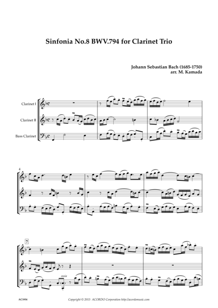 Sinfonia No 8 Bwv 794 For Clarinet Trio Sheet Music