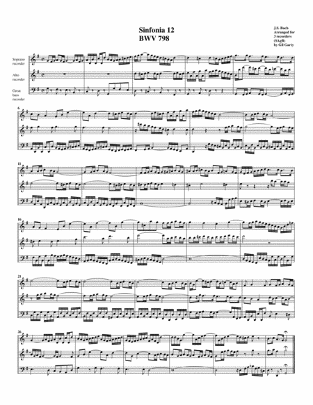 Sinfonia Three Part Invention No 12 Bwv 798 Arrangement For 3 Recorders Sheet Music