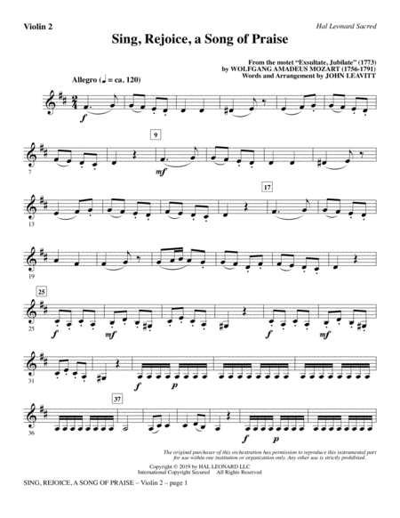 Free Sheet Music Sing Rejoice A Song Of Praise Arr John Leavitt Violin 2