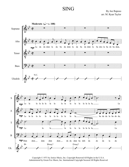 Free Sheet Music Sing Sing A Song Carpenters Sesame Street For Satb Choir And Opt Ukulele Chords