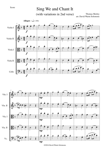 Sing We And Chant It With Variations For String Quintet 2 Violins 2 Violas And 1 Cello Sheet Music