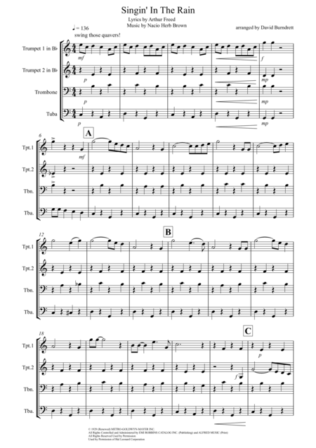 Free Sheet Music Singin In The Rain For Brass Quartet