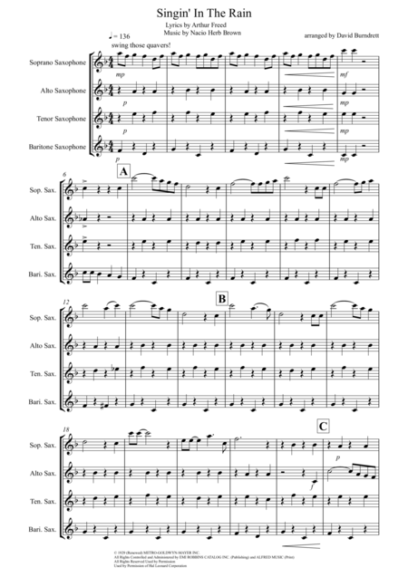 Singin In The Rain For Saxophone Quartet Sheet Music