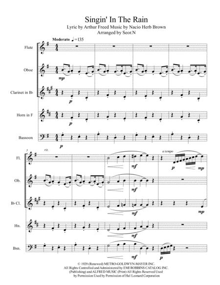 Singin In The Rain For Wind Quintet Sheet Music