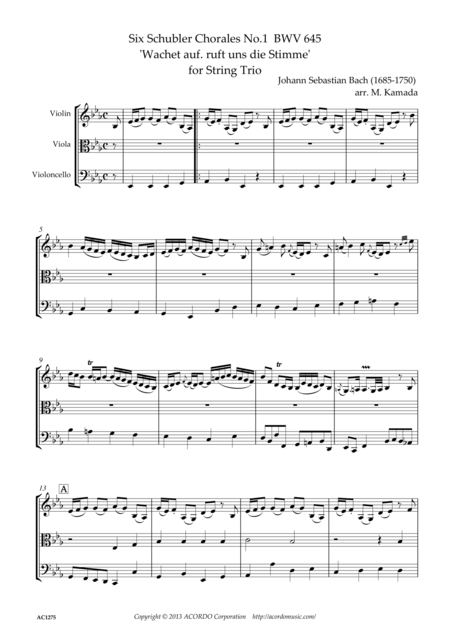 Free Sheet Music Six Schubler Chorales No 1 Bwv645 Wachet Auf Ruft Uns Die Stimme For String Trio