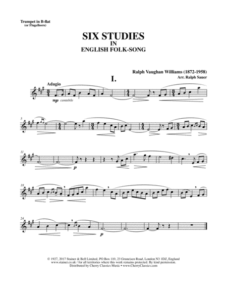 Free Sheet Music Six Studies In English Folksong Arranged For Trumpet Or Flugelhorn And Piano