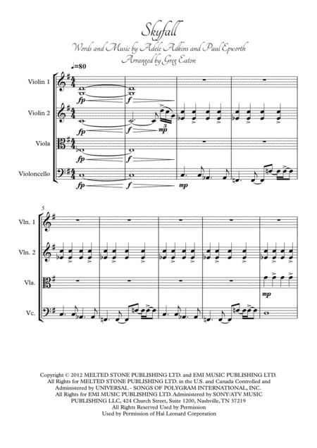 Skyfall Adele Arranged For String Quartet By Greg Eaton Score And Parts Perfect For Gigging Quartets Sheet Music