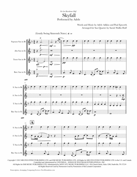 Skyfall Arrangement For Sax Quartet Sheet Music