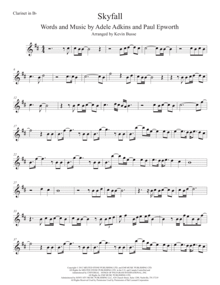 Free Sheet Music Skyfall Clarinet Original Key