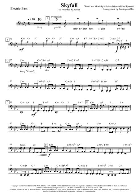 Skyfall E Bass Transcription Of The Original Adele Recording For James Bond Sheet Music