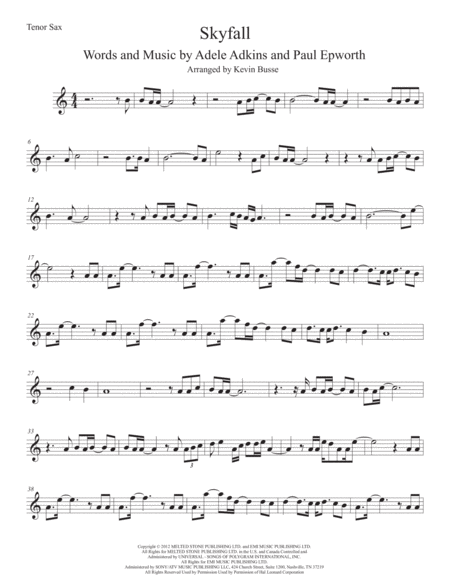 Free Sheet Music Skyfall Tenor Sax Easy Key Of C