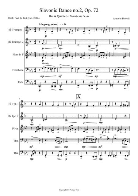 Free Sheet Music Slavonic Dance No 2 Op 72 A Dvorak Brass Quintet Trombone Solo