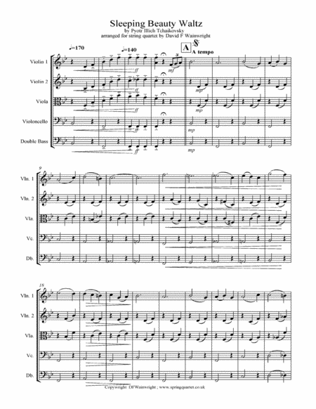 Sleeping Beauty Waltz By Tchaikovsky Arranged For String Quartet With Optional Bass Part Score Parts With Rehearsal Letters And Mp3 Sheet Music