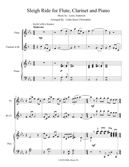 Free Sheet Music Sleigh Ride For Flute Clarinet And Piano