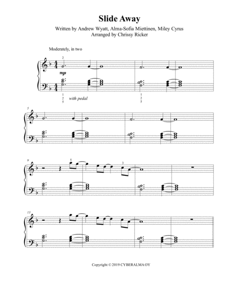 Slide Away Easy Piano Sheet Music