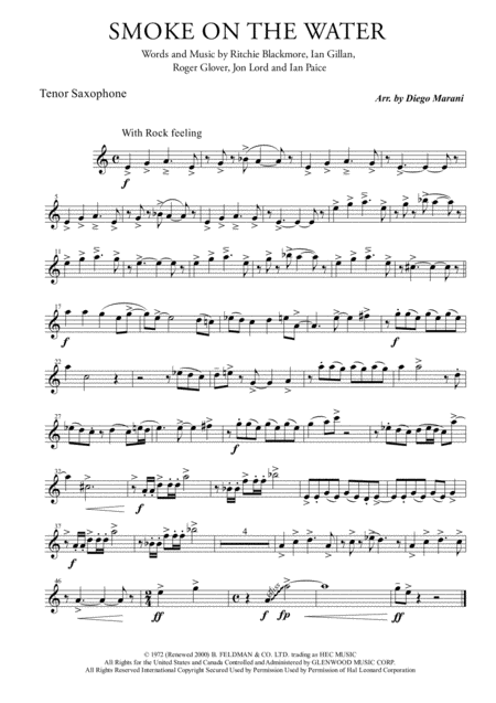 Smoke On The Water For Saxophone Quartet Sheet Music