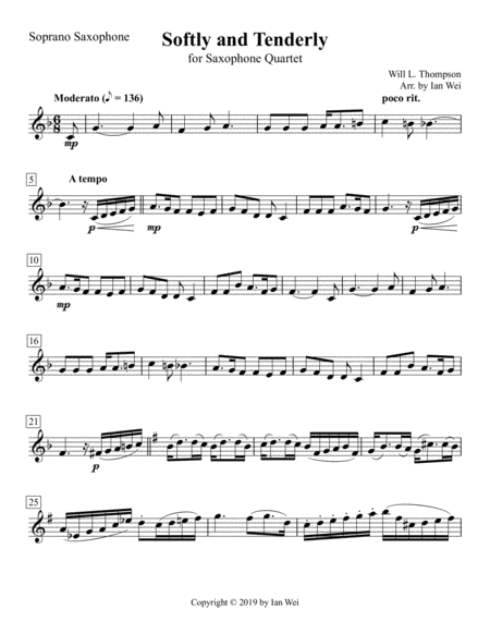 Free Sheet Music Softly And Tenderly For Saxophone Quartet