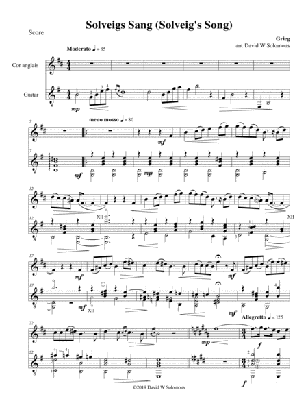 Free Sheet Music Solveigs Sang Solveigs Song For Cor Anglais And Guitar