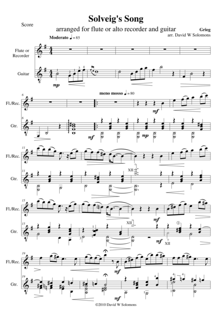 Solveigs Sang Solveigs Song For Flute Or Alto Recorder And Guitar Sheet Music