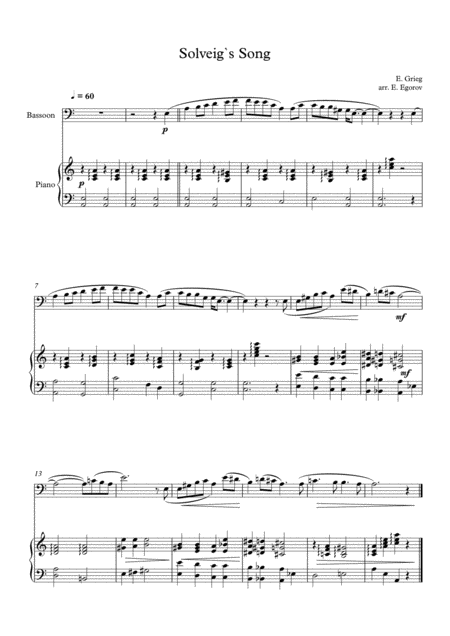 Solveigs Song Edvard Grieg For Bassoon Piano Sheet Music