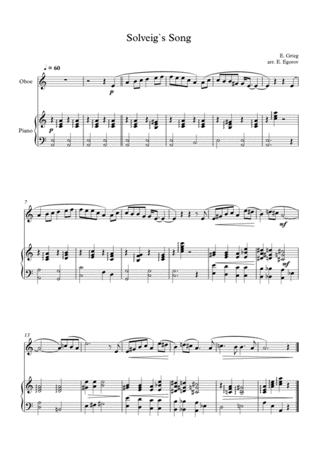 Free Sheet Music Solveigs Song Edvard Grieg For Oboe Piano
