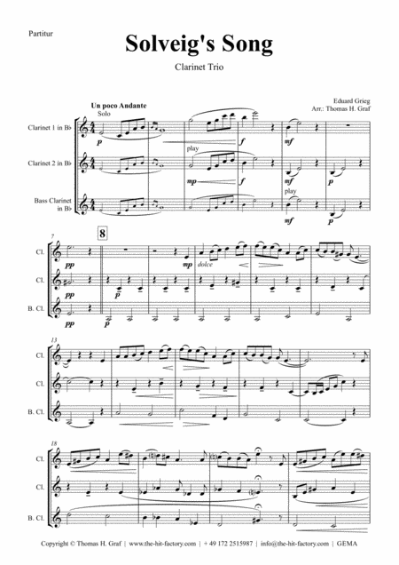 Free Sheet Music Solveigs Song From Peer Gynt Suite Clarinet Trio