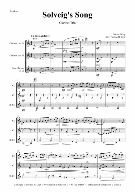 Solveigs Song From Peer Gynt Suite Clarinet Trio Sheet Music