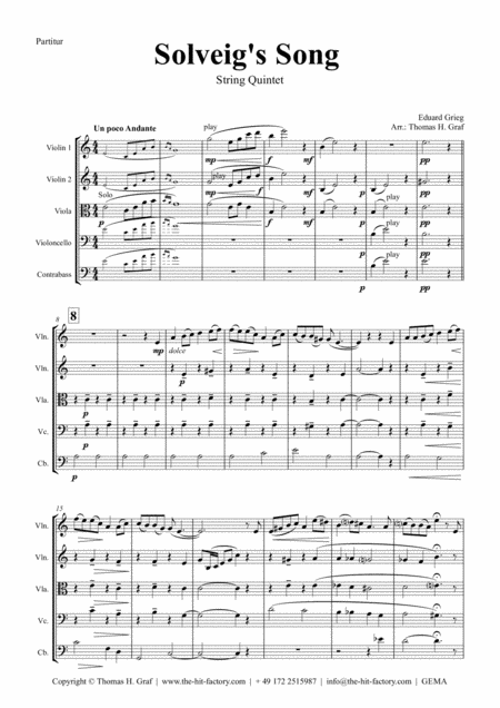 Solveigs Song From Peer Gynt Suite String Ouintet Sheet Music