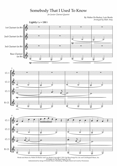 Free Sheet Music Somebody That I Used To Know Clarinet Quartet Easy Version