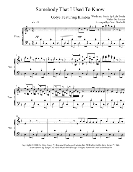 Free Sheet Music Somebody That I Used To Know Piano Solo