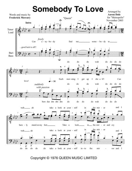 Free Sheet Music Somebody To Love Male Acappella