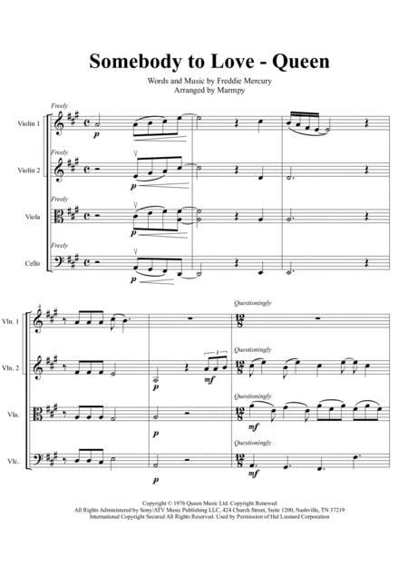 Free Sheet Music Somebody To Love Queen Arranged For String Quartet