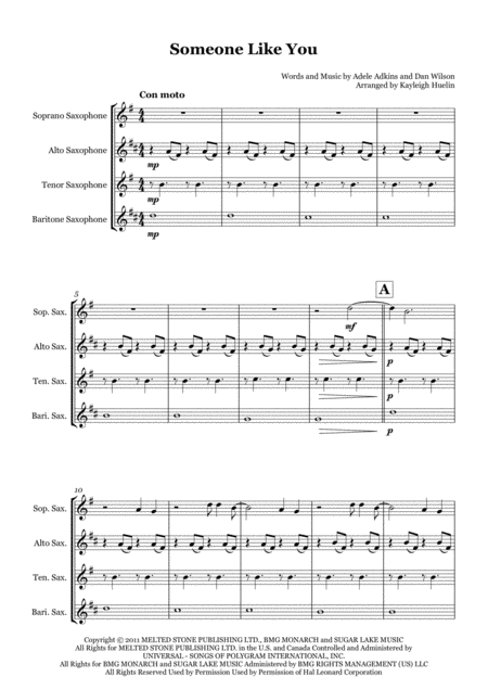 Free Sheet Music Someone Like You By Adele Saxophone Quartet Satb