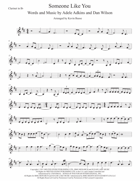 Someone Like You Easy Key Of C Clarinet Sheet Music