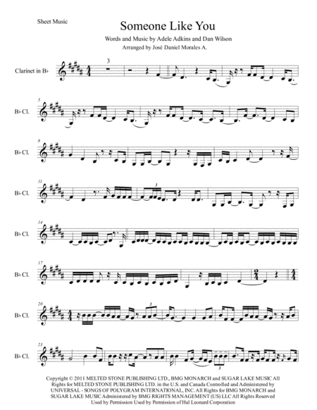 Free Sheet Music Someone Like You For Clarinet In Bb